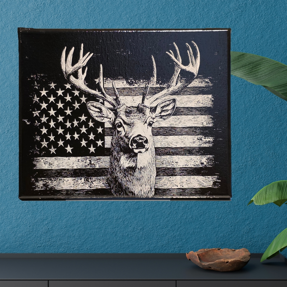 Black and White Deer And Flag Canvas Wall Art - Laser Etched - NEW